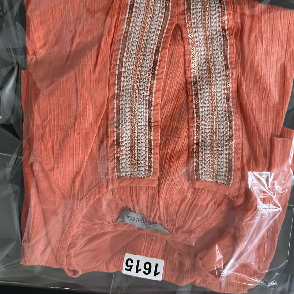 Athleta Embroidered Beaded Tunic S Coral Orange Cotton Sequin V-Neck Boho Resort - Picture 9 of 9